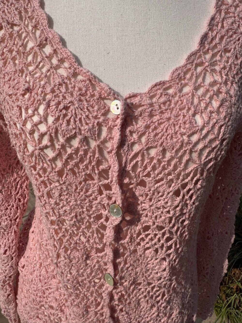 Newport News light pink crochet sweater; shell buttons,  Size Small